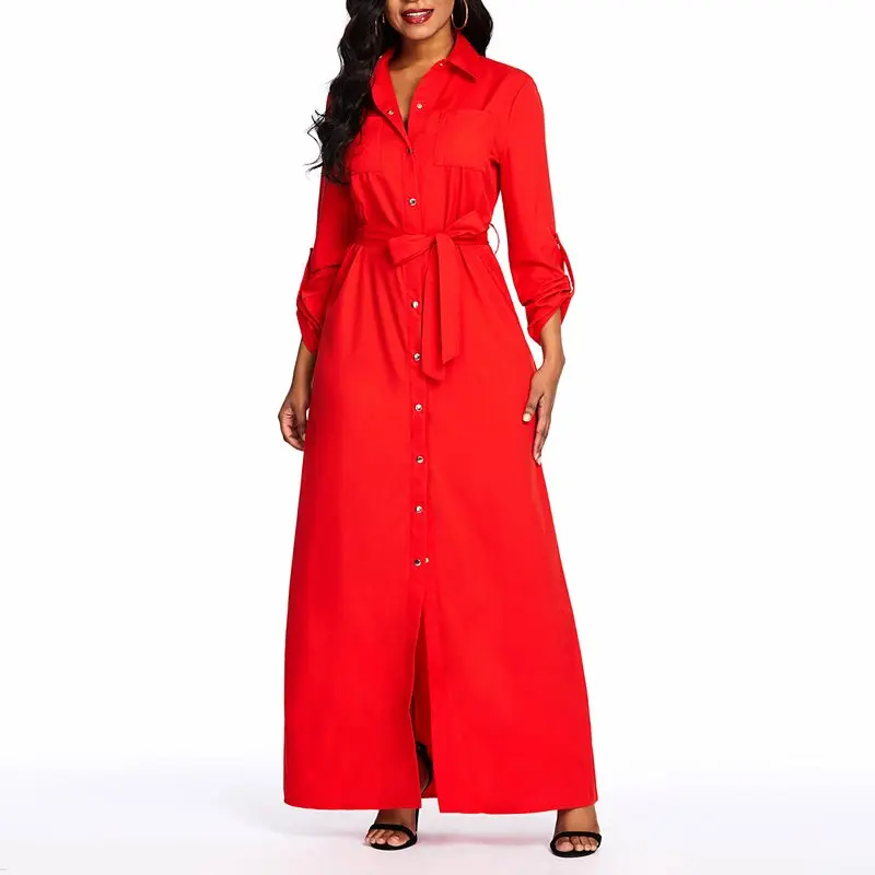 

Women Causal Shirt Dresses Elegant Solid Red Simple Sexy Split Robe Button Spring Autumn Modern Fashion Office Ladies Long Dress