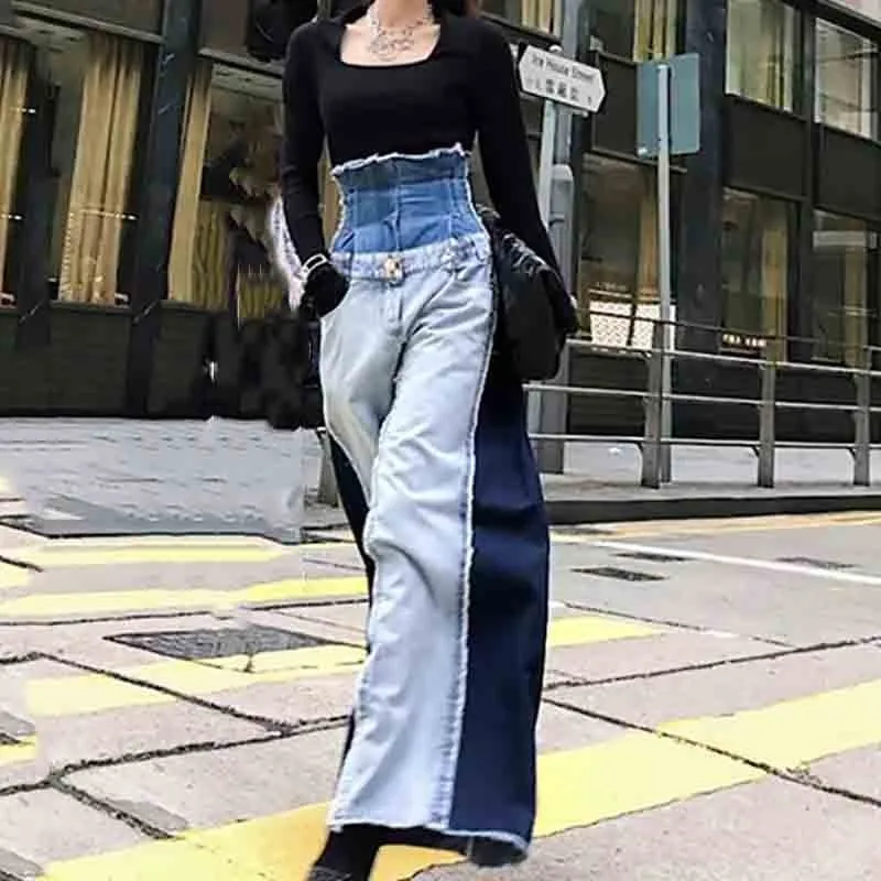

[YaLee] New Fashion 2019 Spring Summer Contrast Color Jeans Splice Super High Waist Button Wide Leg Denim Pants Women Y805