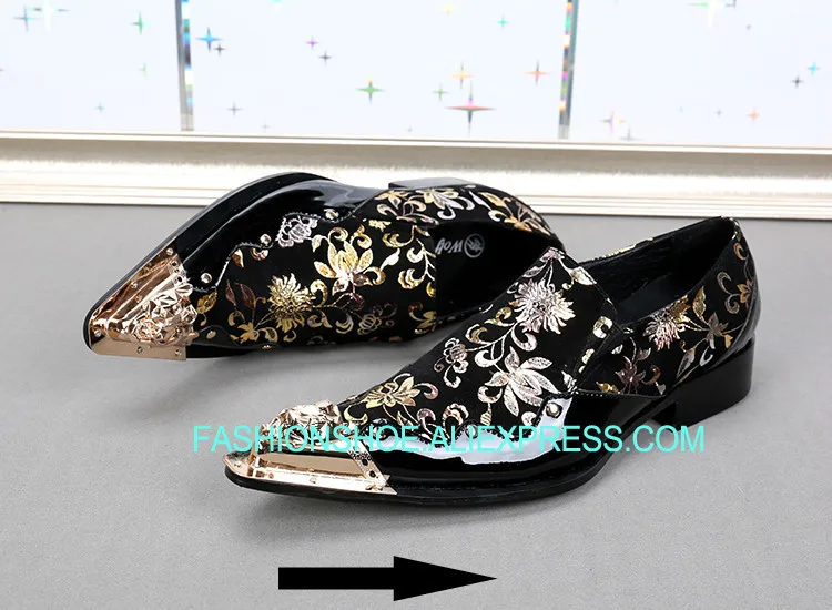

Fashion Print leather Man Oxfords Cow Patent leather Metal Pointed toe Slip on Dress Wedding Shoes Slip on Driving Shoes Size 46