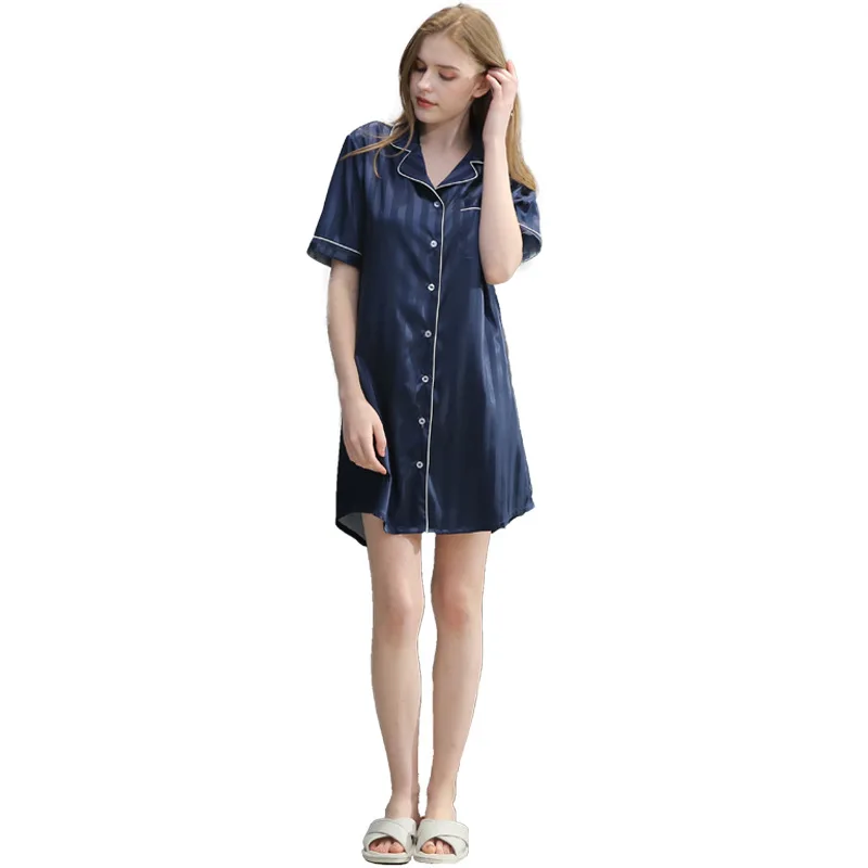 

Summer Newest Shirt Pajamas Silk Striped Design Women's Short-sleeved Cardigan Sexy Silk Nightdress Home Clothes Women Robe
