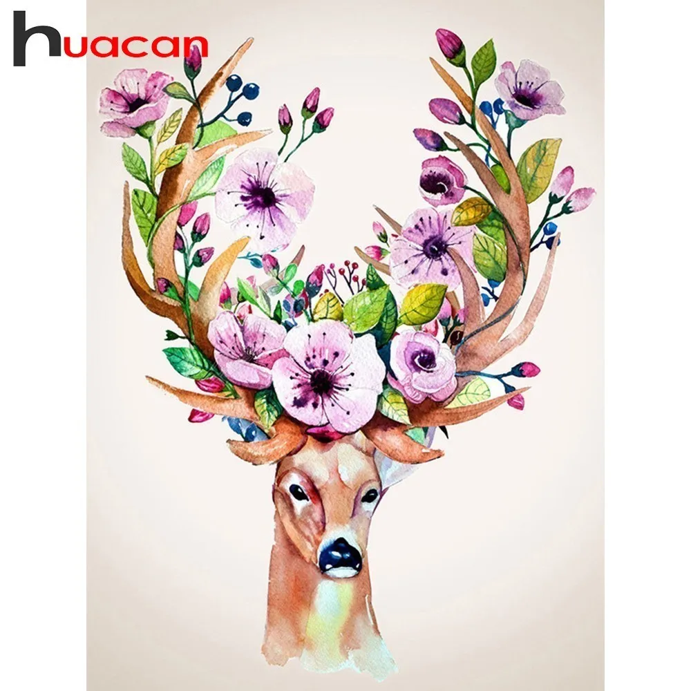 

Huacan Diamond Embroidery Animal Paintings With Rhinestones Flowers Diamond Painting Square Full Diamond Mosaic Deer Home Decor