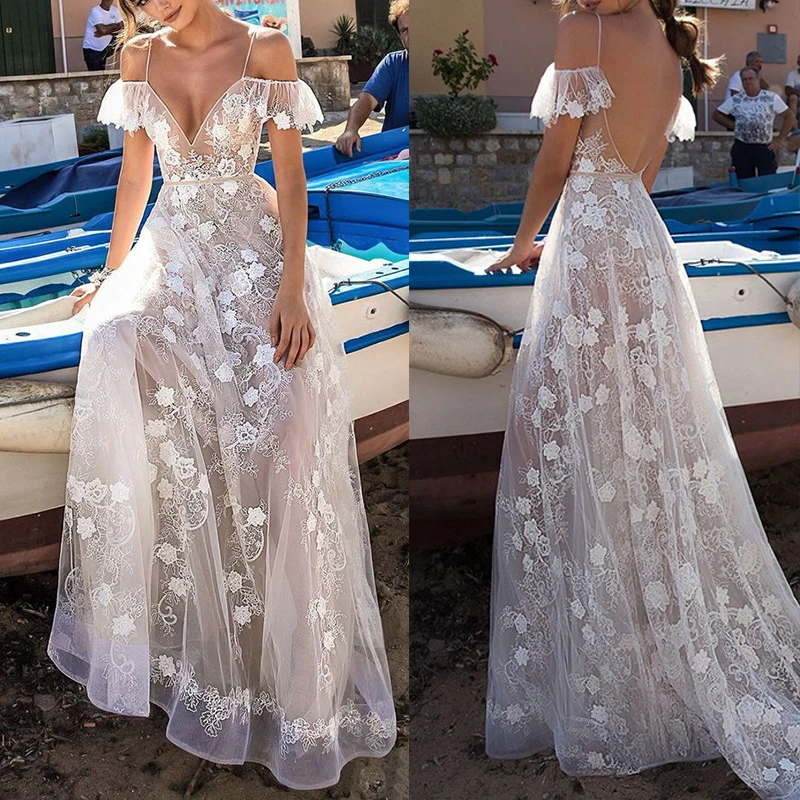 

Women Sexy Lace long Dress Deep V-neck Wedding Party white floral dress backless ruffle design A line dresses vestido
