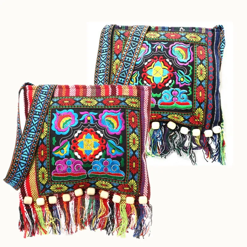 

Hmong Vintage Ethnic Shoulder Storage Bag Embroidery Tassels Boho Hippie Tassel Tote Messenger Hangable Storage Organizer Bags