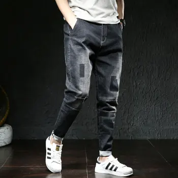 

#2055 Autumn Fashions Elastic Denim Mens Pencil Harem Jeans Full Length Streetwear Biker Jeans Slim Fit Black Blue Big Size 46