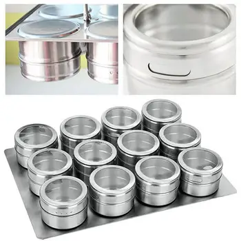 

9pcs Set/12pcs Set Seasoning Boxes Magnetic Dustproof Visible Stainless Steel Spice Can Seasoning Pot Outdoor Barbecue Cruet