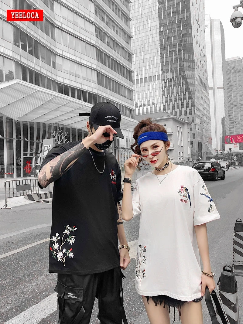 

2019 Dropshipping Summer Loose Magpie Embroidery Round Neck Short Sleeve Shirt Wear Couple Joker Casual Oversized T-Shirt Top