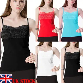 

2019 New Fashion Ladies Plain Cotton Vest Top Lace Trim Neck Design Cami Tank Lace Strappy Camisole Adjusted