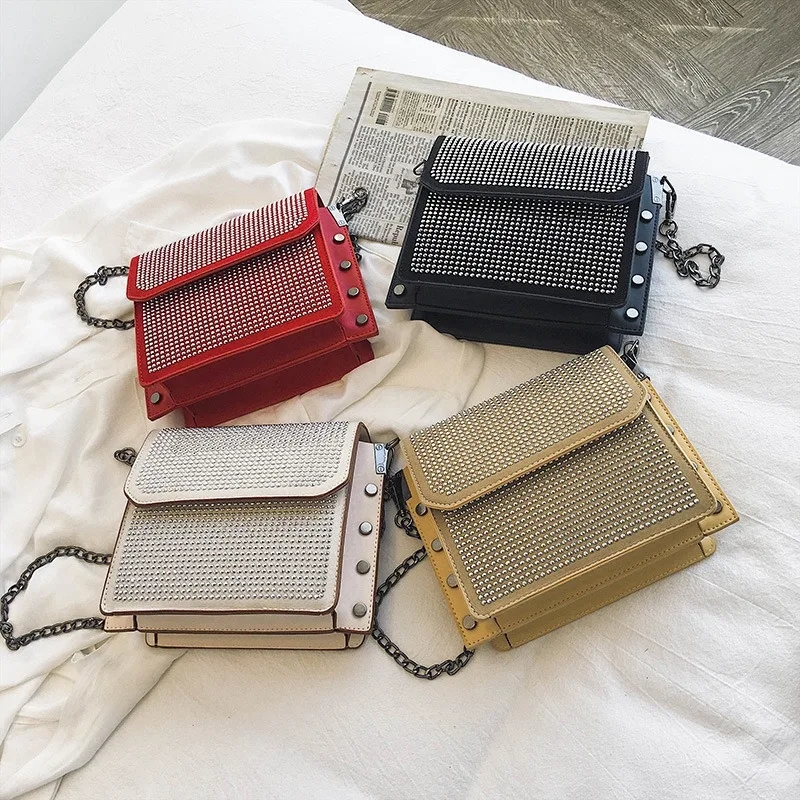 ABDB-Studded Small Square Bag Ladies Bling Diamond Bag Chain Shoulder Bag Ladies Luxury Small Handbag
