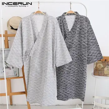 

INCERUN 2020 Men Robes Print Bathrobes Japanese Style Kimono Soft Loose Sleepwear Short Sleeve Comfortable Women Homewear S-5XL