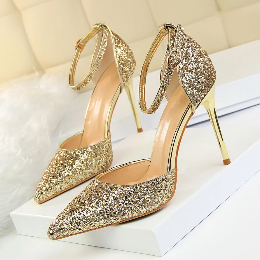 

2017 Fashion Sexy Women 9.5cm High Heels Bling Pumps Wedding Shoe High Heels Glittery Buckle Strap Stiletto Sandals DS-A0093