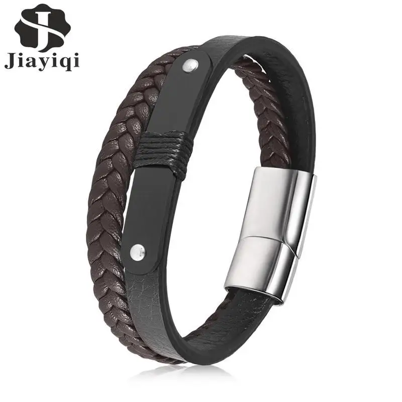 

Jiayiqi Punk Men Jewelry Braided Leather Bracelet Stainless Steel Magnetic Clasp Fashion Bangles 18.5cm