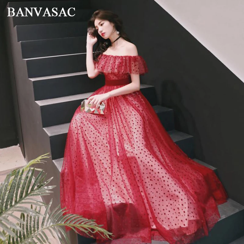 

BANVASAC Ruffles Boat Neck Off The Shoulder Long Evening Dresses Party A Line Short Sleeve Sash Backless Prom Gowns
