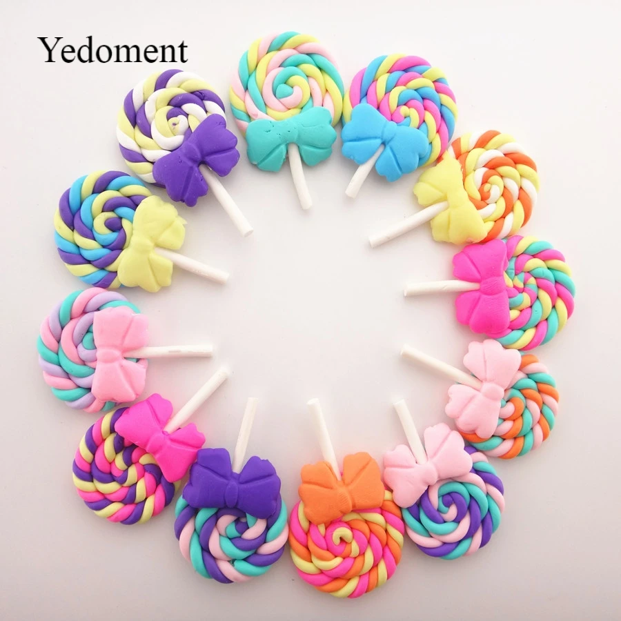 10pcs/lot 28*42MM Kawaii Soft Clay Rainbow Lollipop Cabochons Handmade Resin Material DIY Hair Bow Decorative