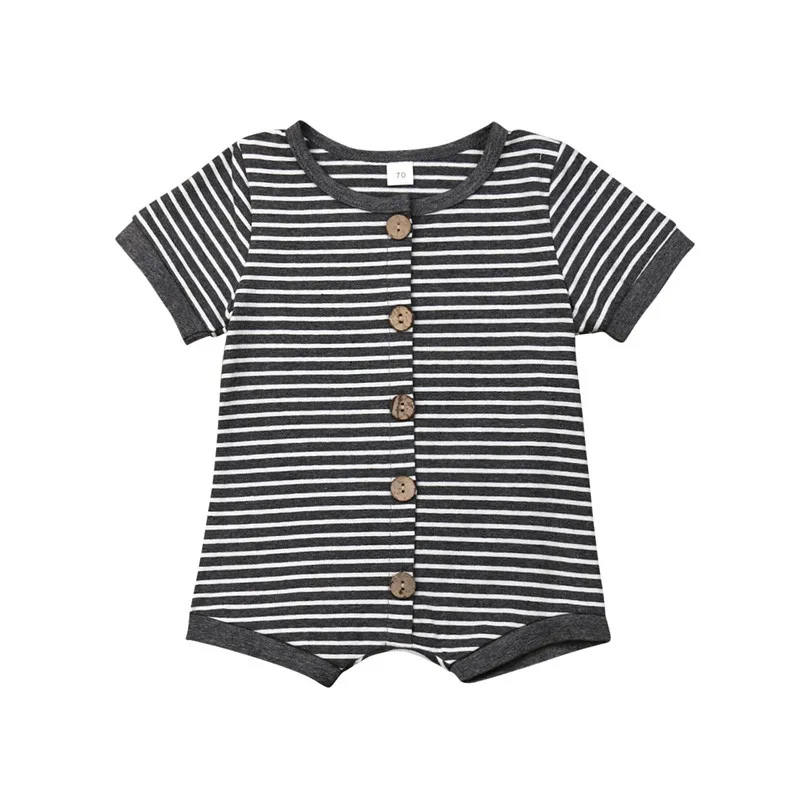 0-24M Gray Striped Baby Rompers New Born Clothes Short Sleeve Girls Romper Button Buckle Boys Jumpsuits Toddler Suits | Детская одежда