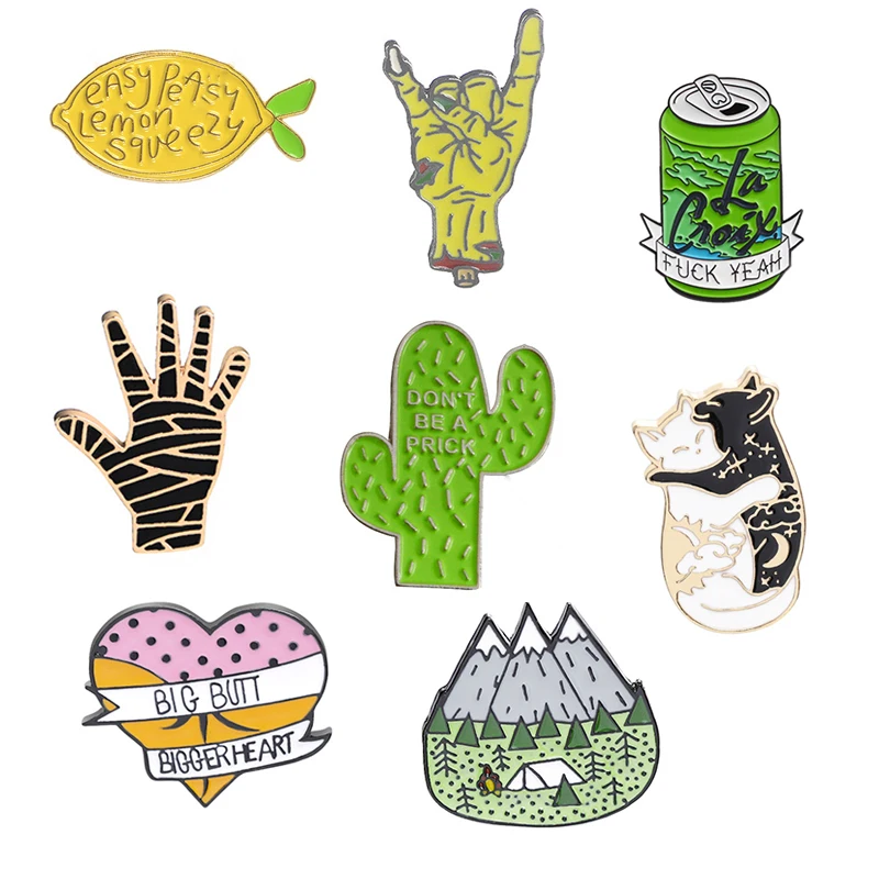 

1PC Beverage Can Gesture Fruit Cat Denim Sweater Palm Letters Heart Lemon Cactus Valentines Gift Cute Cartoon Brooch