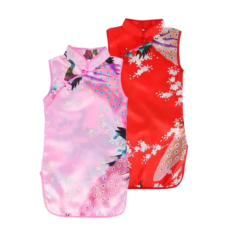 

2019 baby girl Chinese dress clothes summer style children cotton short sleeve Traditional dresses fo kids Cheongsam Dress