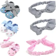 Милая нескользящая обувь с цветочным принтом и бантом для маленьких девочек; обувь для первых шагов для новорожденных и малышей+ повязка на голову