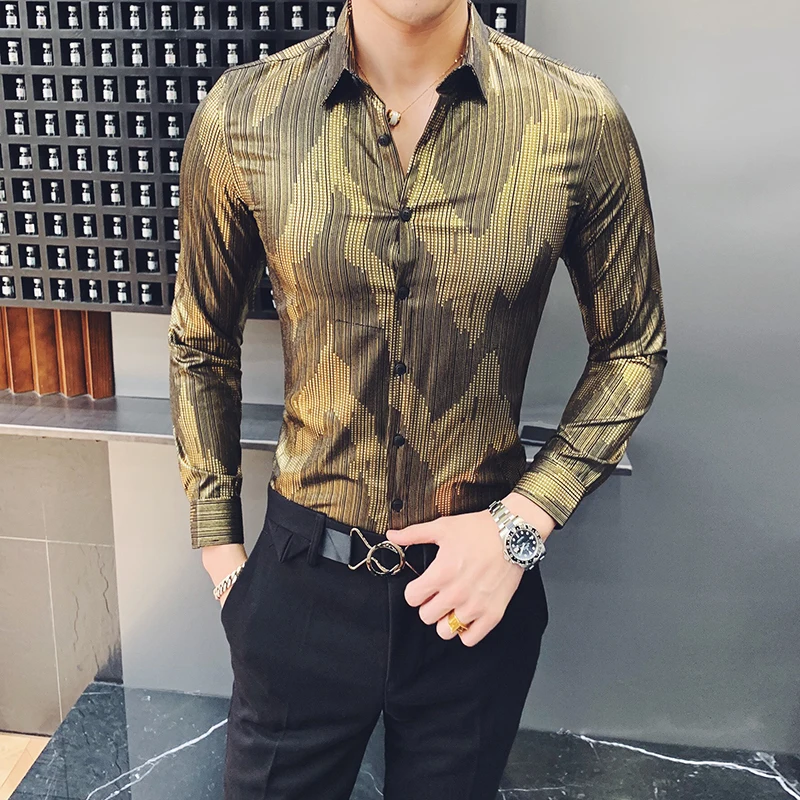 

Men's Shirts New Spring 2009 Individual Stripe Golden Long Sleeve Hairstylist Night Shop Stage Costume