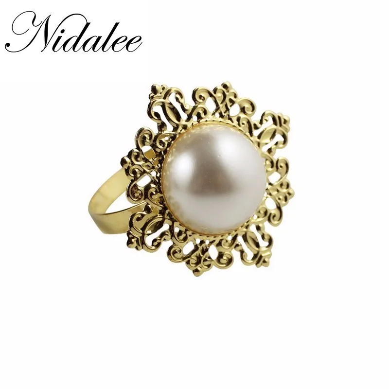 

Nidalee Pearl Metal Gold Silver Napkin Rings Flower For Bulk Weddings Blue Kitchen Holder Banquet Dinner Diamond Decor 12pcs