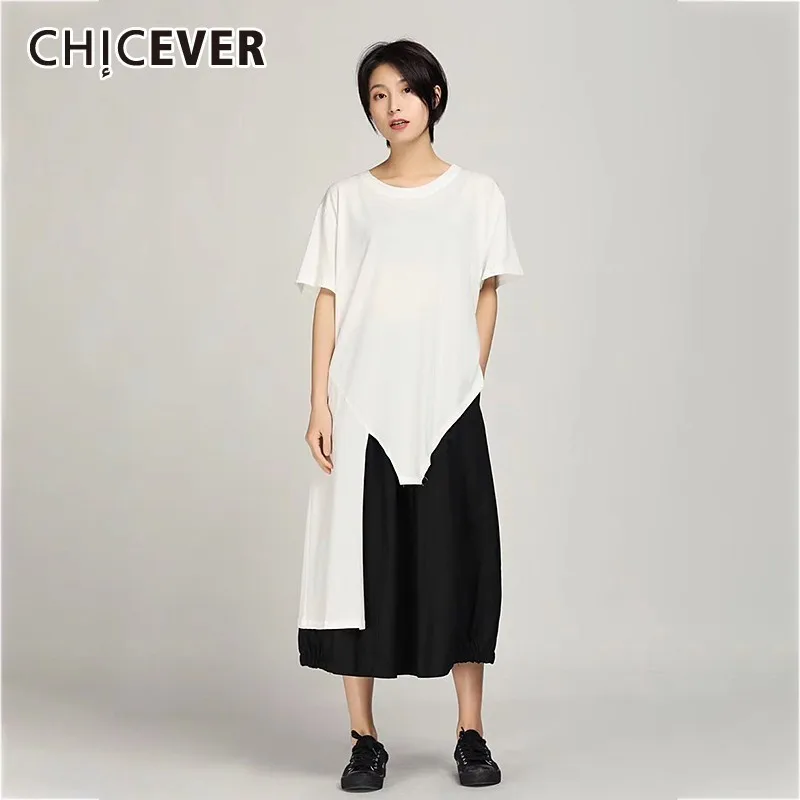CHICEVER Весенняя Повседневная Асимметричная женская футболка с разрезом круглым