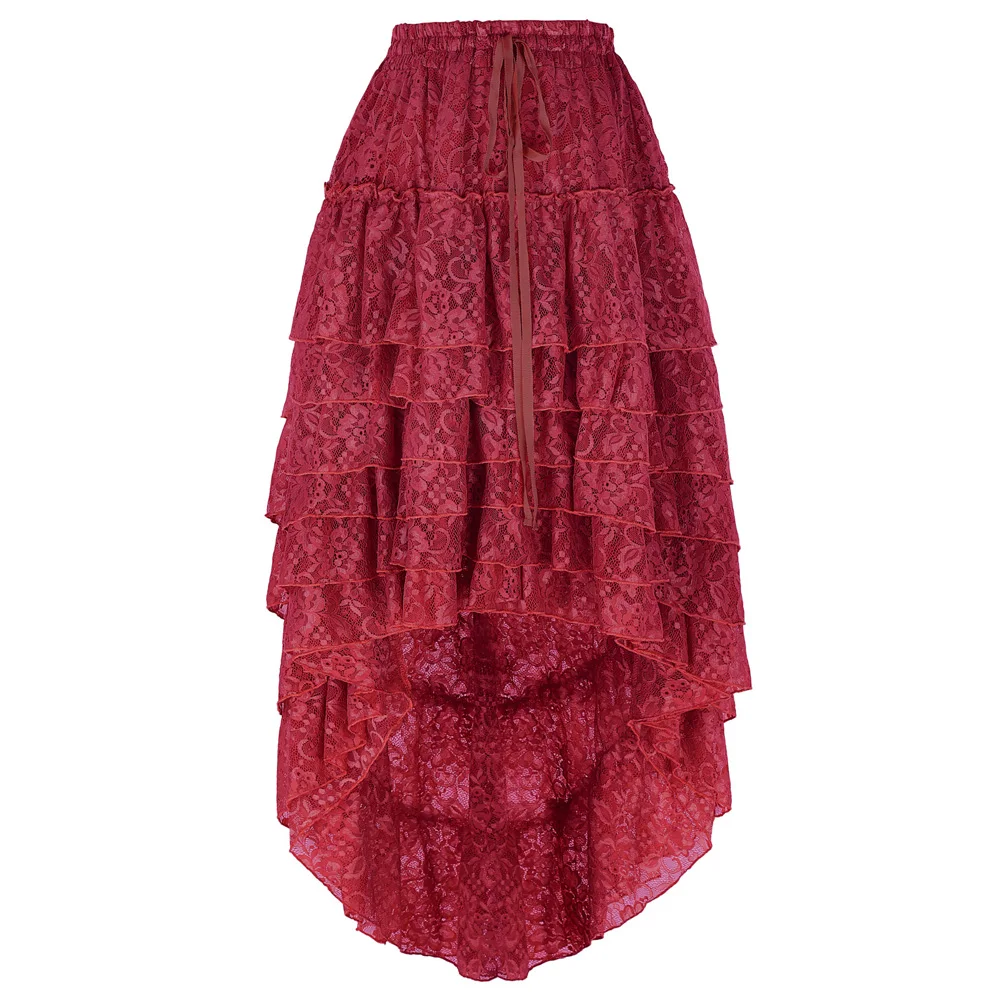 

Belle Poque Gothic Retro Steampunk Drawstring Waist Long Ruffled Lace Cake Skirt