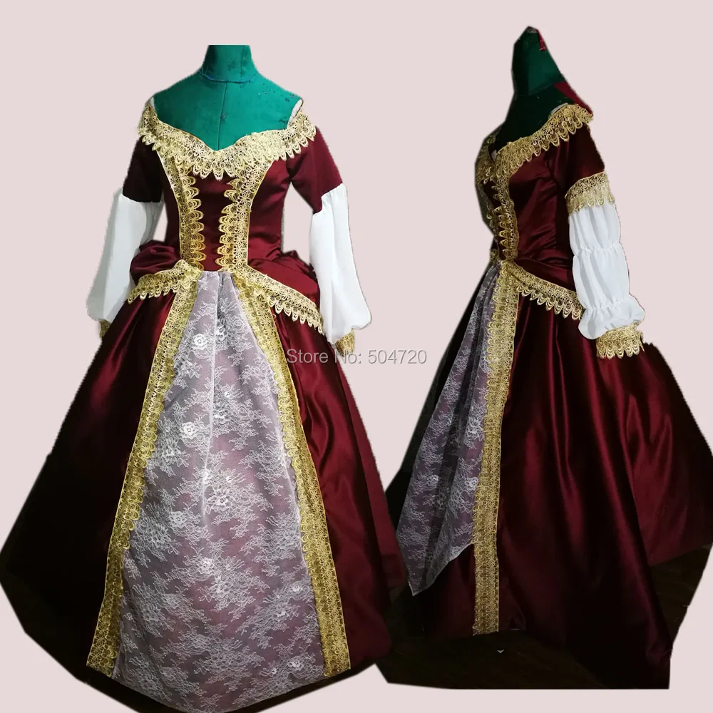 

Customer to order!18 century red Satin white Lace Duchess Princess Retro Reenactment Theatre Civil war Victorian dress SW-014