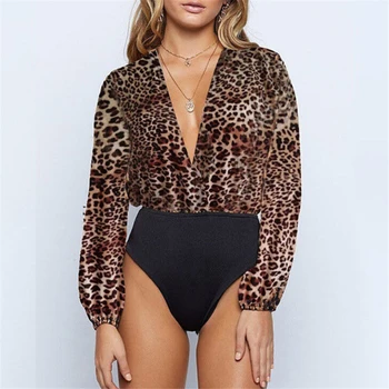 

Women Bodysuit Sexy Leopard Print Bodysuit Deep V Puff Sleeve Party Clothes Ladies Rompers Bodycon Jumpsuit Womens Body Suits