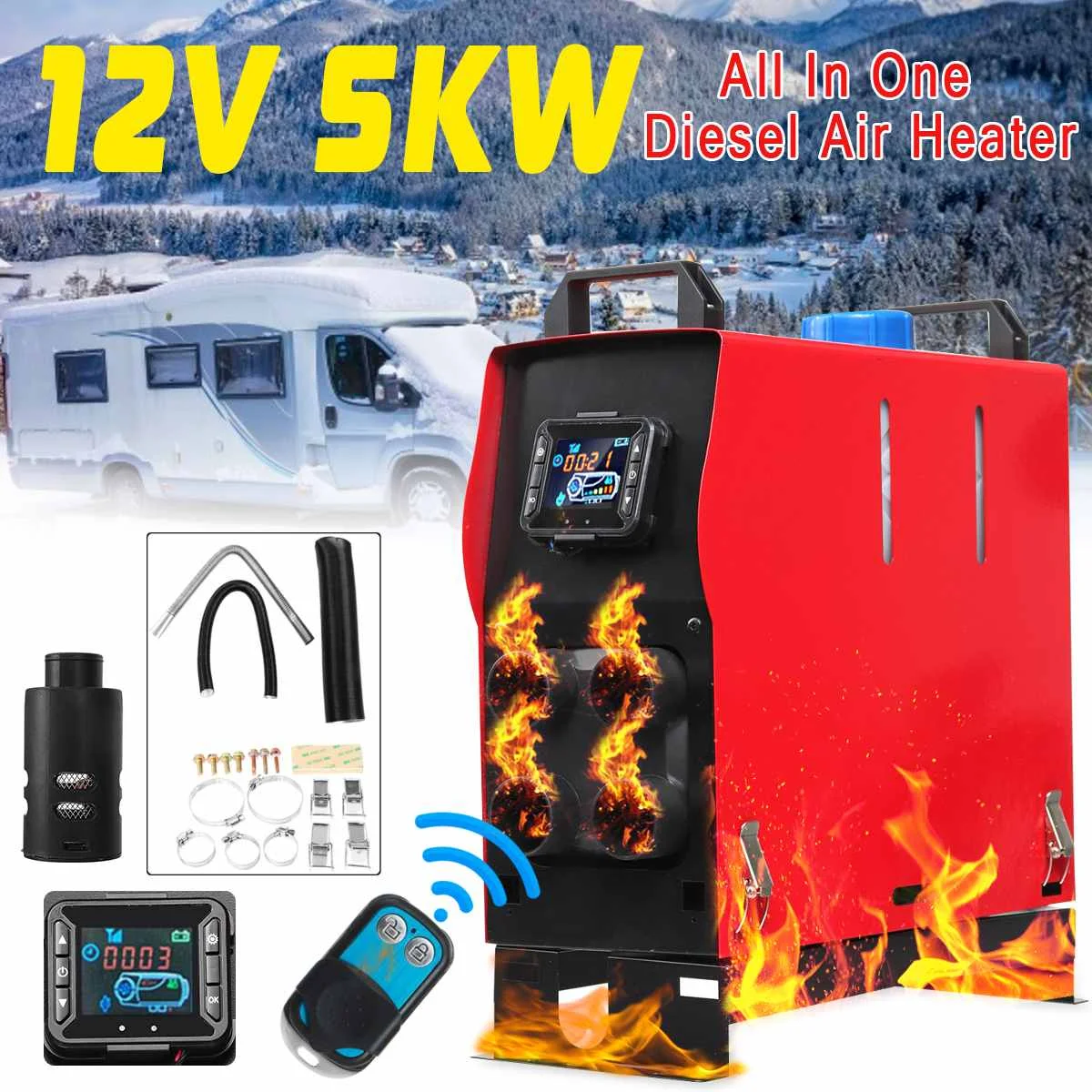 

Air Heater 12V 5KW All In 1 LCD 1/4 Holes Diese PLANAR For Car Trucks Trailer With Remote Control Monitor Low Noise Automatic