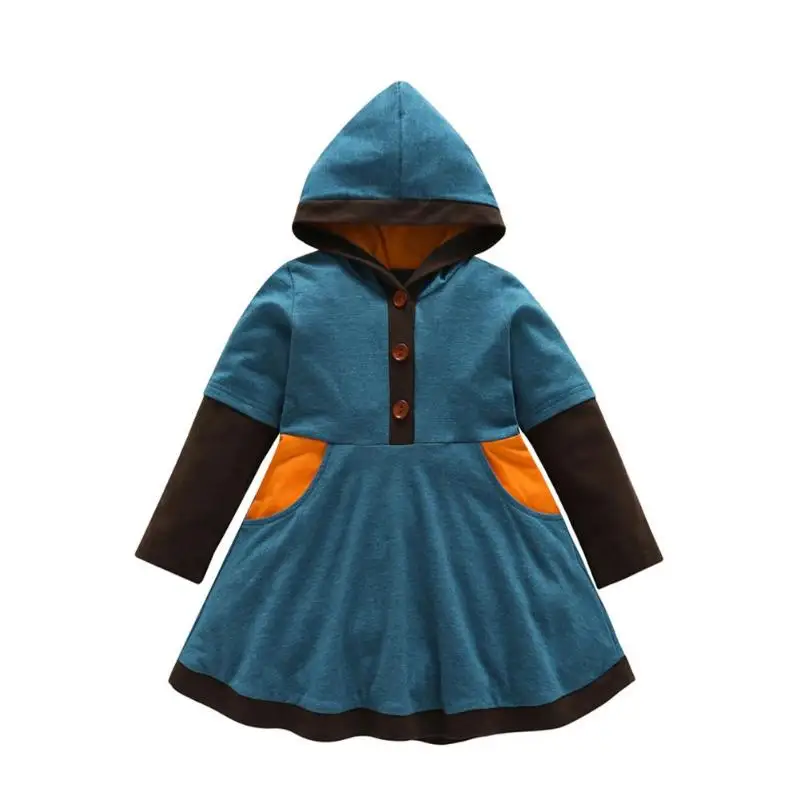 

Toddler Kids Cotton Girls Long Sleeve Splicing Thicken Hooded A-line Dress