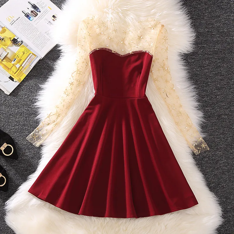 

2019 Women Spring Summer Dress Elegant Beading Mesh Patchwork A-line Short Bodycon Party Dress Slim Beach Casual Dress Vacation