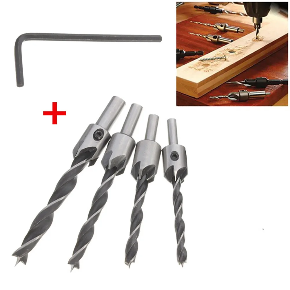 4Pcs Drills Countersink Drill Bit Set Three Tips Countersunk Head Woodworking Chamfering Device High Quality With Allen Wrench