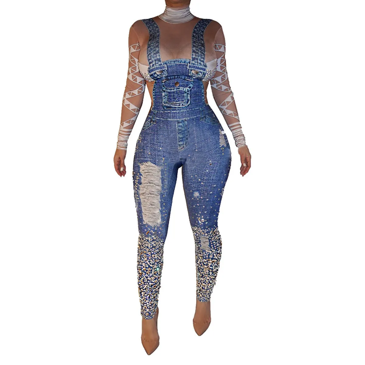 Women Long Sleeve Denim Jumpsuits Turtleneck Geometric Print Slim Back Zip One Piece Overall Casual Rompers