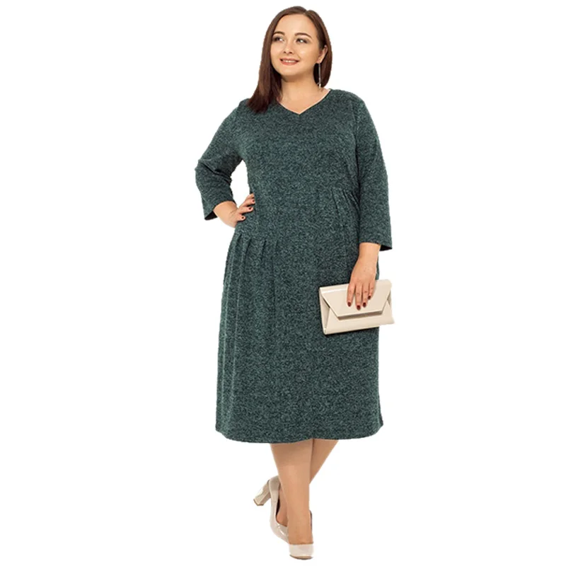 

NEW-Plus Size Women Elegant Dress Ladies' Clothing Pockets Solid Color Long Sleeve Loose Casual Office Dress