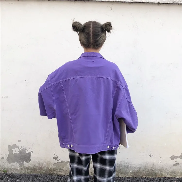 lower price Streetwear Oversize Denim Jacket For Women Casual Candy Color Purple Bomber Jeans Coat BF Style Loo