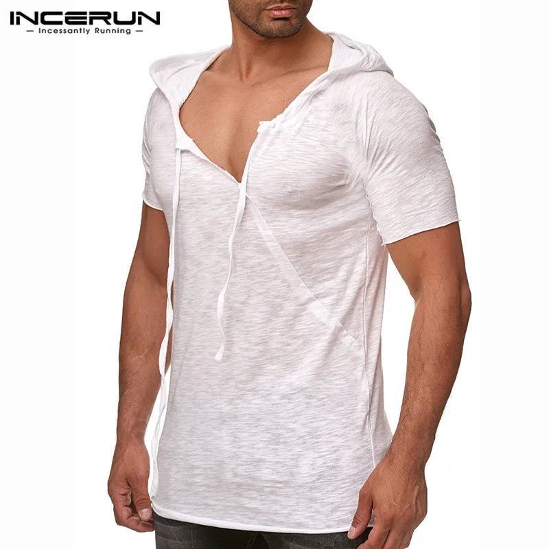 

INCERUN Men T Shirt Sexy Hooded Short Sleeve Asymmetric Casual Tee Tops Summer Fashion Slim Fit Camisetas T-shirt Men Plus Size