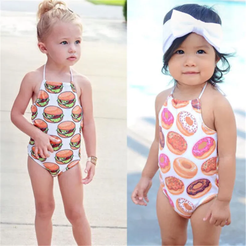 

Swimsuits 2019 Baby Girls Donut Hamburger Print One-Piece Bikini Swimwear Kid Girls Swimming Bikini Bathing Child Beachwear Suit
