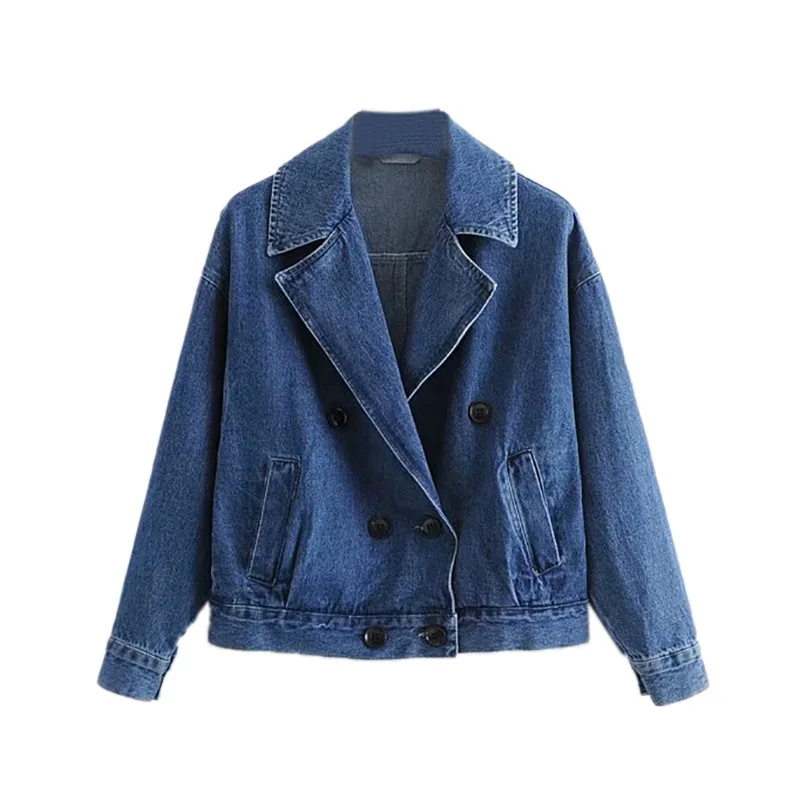 

Blue Spring Autumn Denim Coats New Loose Long Sleeve Jacket Drop Shoulder Double Breasted Denim Top Female Outwear Women Jacket