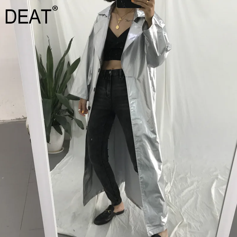 

DEAT 2020 New Spring Fashion Women Clothing Europe Sliver Color Turn-down Collar Full Sleeves Long Windbreaker Female Jacket WE0