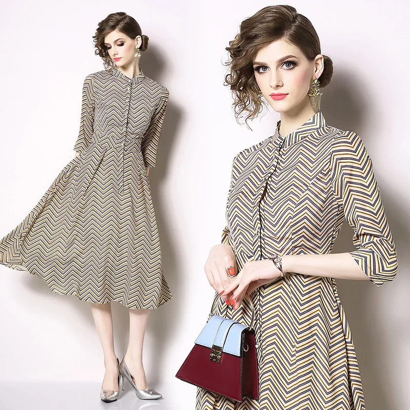 

Fashion Designer Runway Dress Spring summer Women stand neck Long sleeve wave Stripe Print Elegant Dress