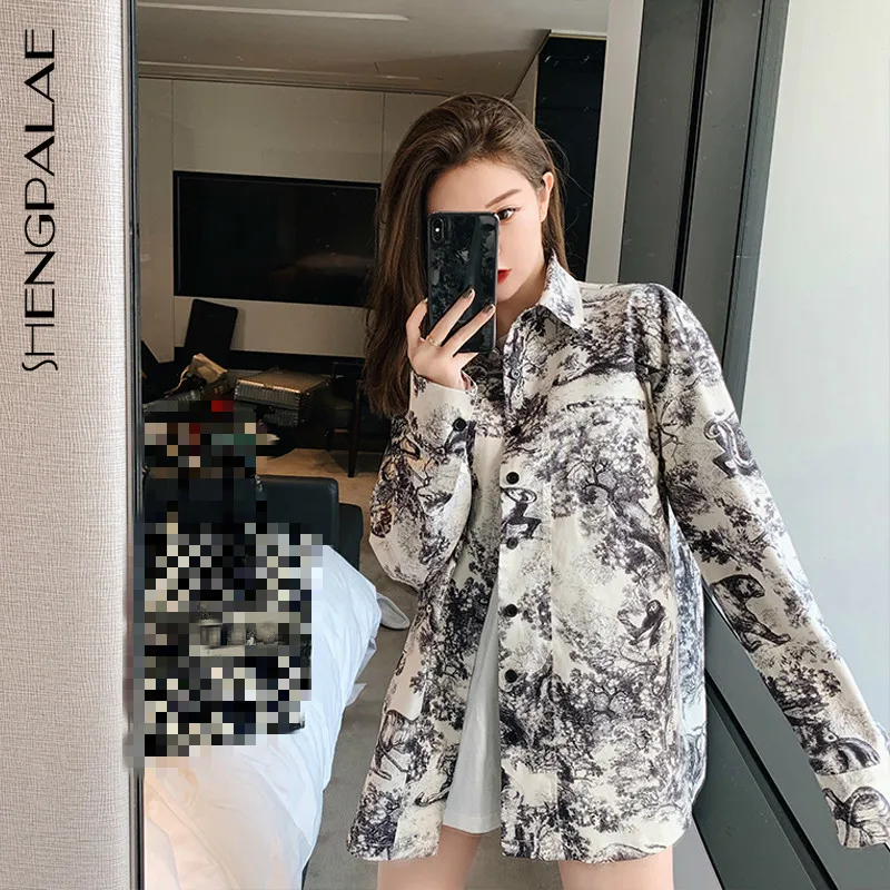 

SHENGPALAE 2019 Vintage Printing Korean Fashion Blouses Long Sleeve Turn-down Collar New Summer Arrival Loose Women Shirt FN212