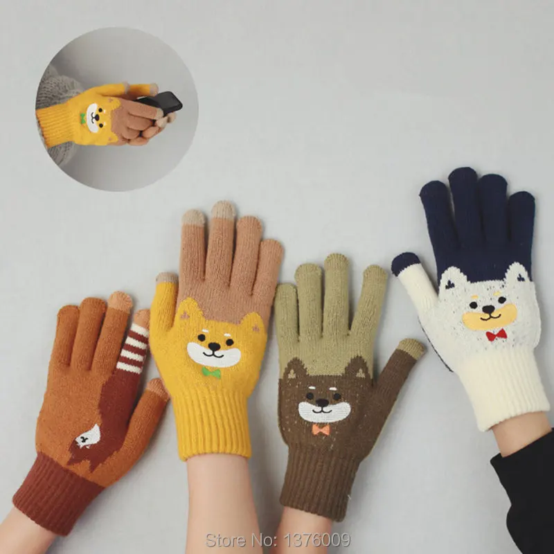 Novelty Winter Gloves For Women Girls Kawaii Doge Shiba Inu Cartoon Knit Glove Mittens Use