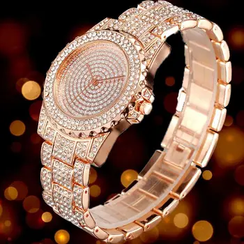 

Rose Gold Crystal Watch For Women Bliing Bling Stainless Steel Analog Quartz Wristwatch Lady Luxury Diamond Watches Reloj Mujer