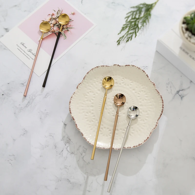 

Long Handle Coffee Spoons Stainless Steel Rose Gold Pink Tea Spoon Ice Cream Teaspoons 18-10 Stainless Steel Flatware Black