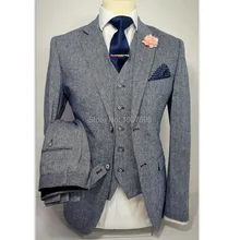 Formal Winter Men Suits 2019 Three Piece Slim Fit Tweed Notched Lapel Groom Wedding Tuxedos Jacket Pants Vest Male Blazer