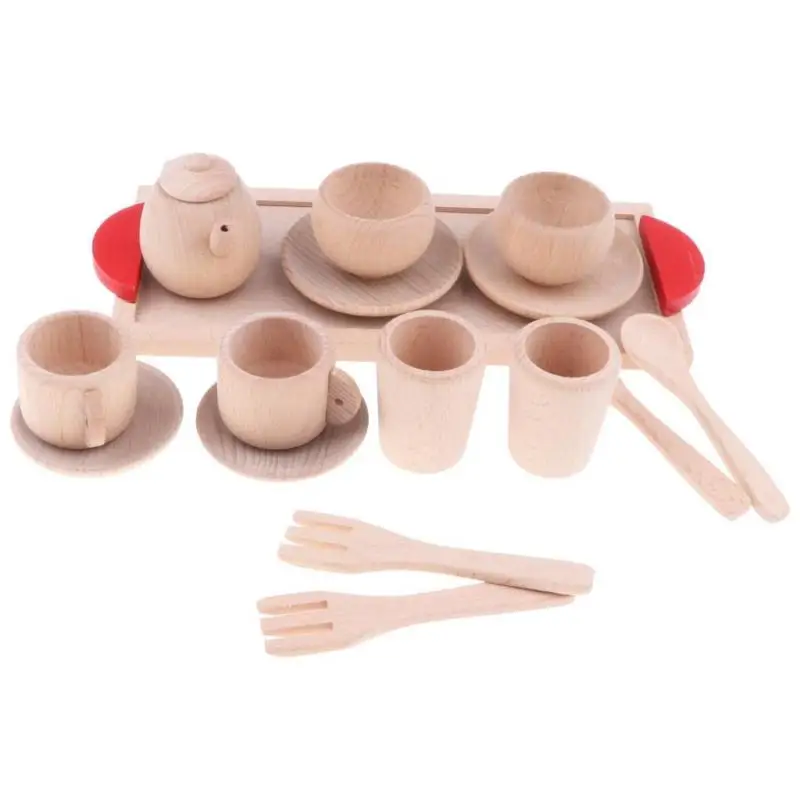 

Kitchen Playing Toys Wooden Simulation Kitchen Tableware Tea Pot Tea Cups For Kids Girls