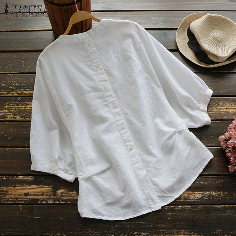 Размера плюс ZANZEA летняя винтажная женская блузка с коротким рукавом и v-образным вырезом однотонная офисная рубашка из хлопка и льна Повседневная Свободная блуза