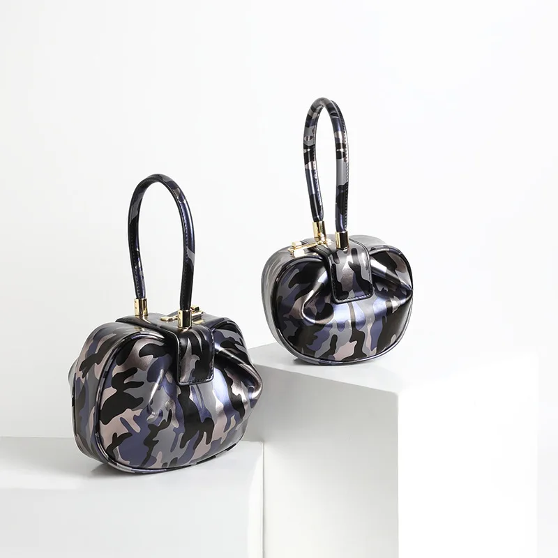 2019 Fashion Vintage Camouflage Pillow Boston Box Barrel Handbags Genuine Leather Clutches Evening Wrist Bags Women Female