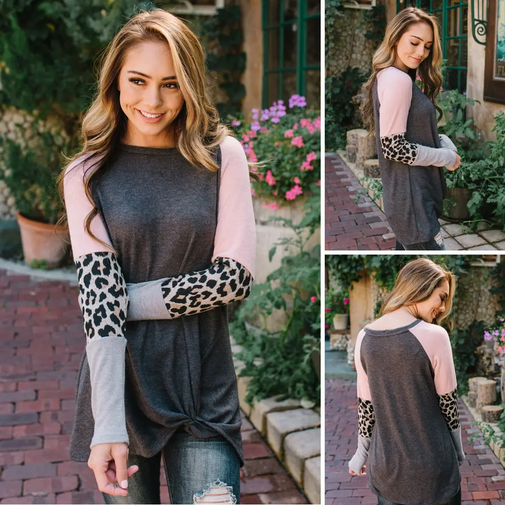 

MeiHuiDa 2018 New Style Fashion Women's Leopard Print Crew Neck Loose Patchwork O Neck Blouse Tops Size