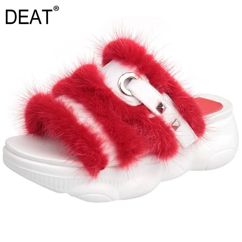 

[DEAT] 2019New Spring Summer Round Toe Shallow Pu Leather Fur Buckle Strap Wedges Heels Slippers Women Shoes Fashion Tide 10C763