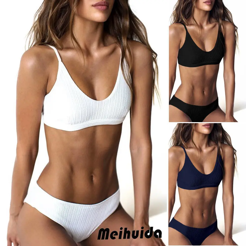 

Hirigin Thong Bikini 2019 New Women Biquinis Swimwear Push Up Padded Swimsuit Pure Color Cute Bathing Suit Women Beachwear Hot